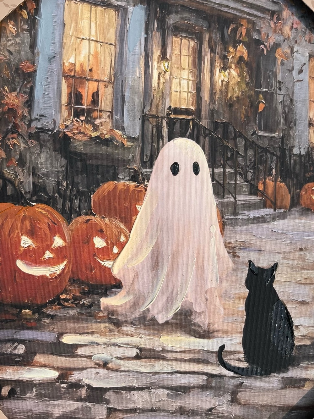 Halloween Ghost Canvas Art with Pumpkins and Black Cat - White, Orange, Black